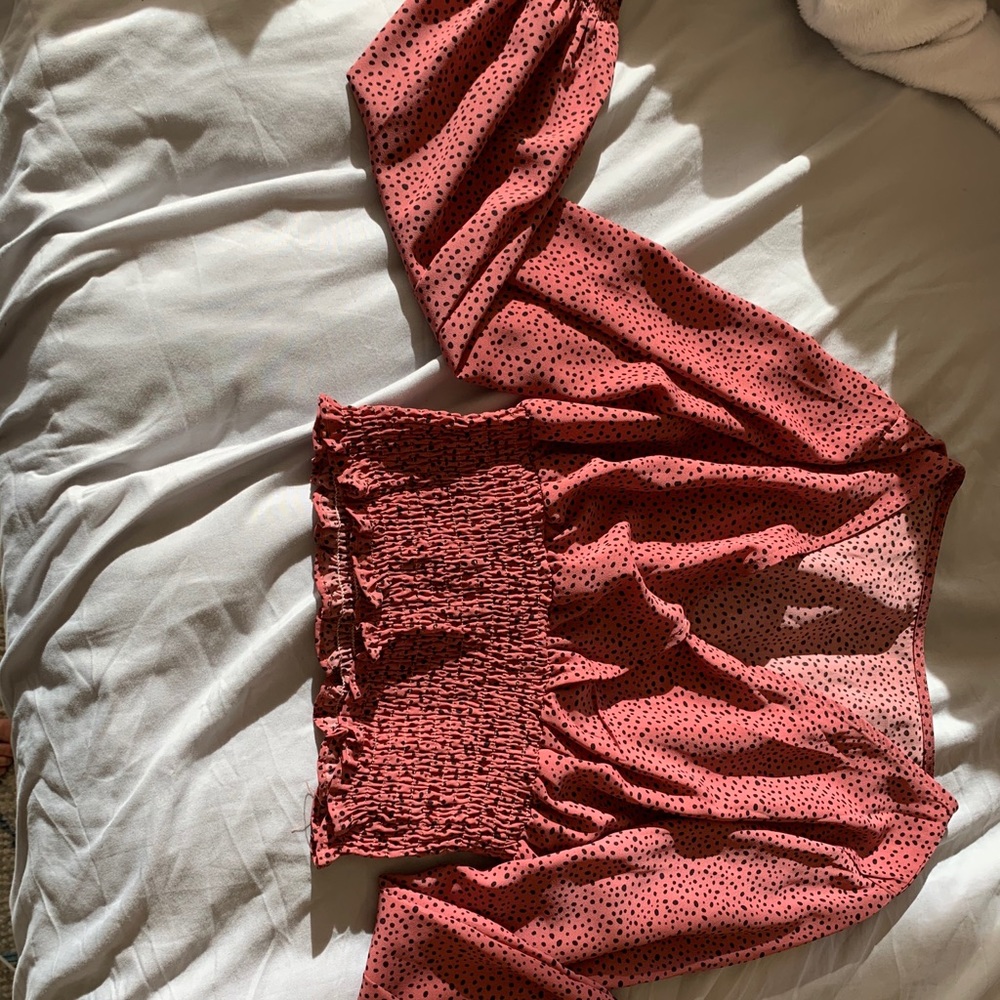 Shein cropped pink and black polka dotted blouse